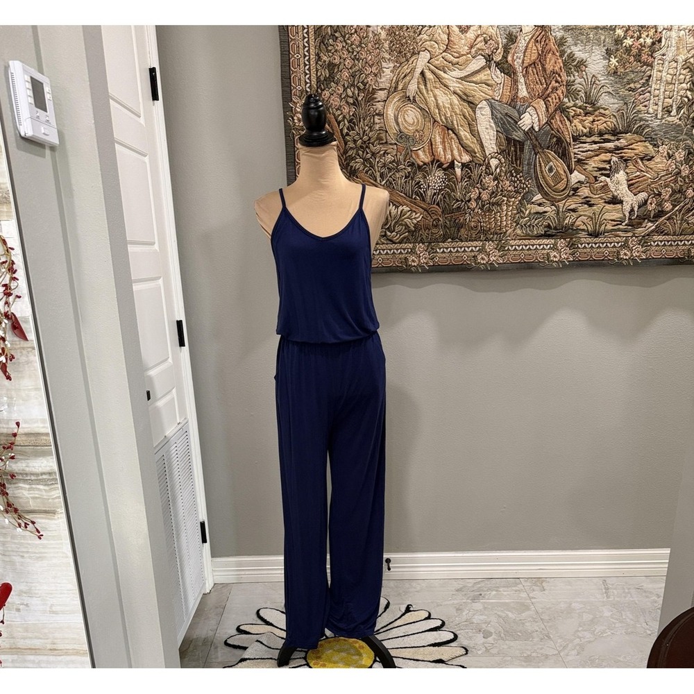 Jumpsuit Womens Medium Blue Sleeveless V Neck Wide Leg Elastic Waist Pockets